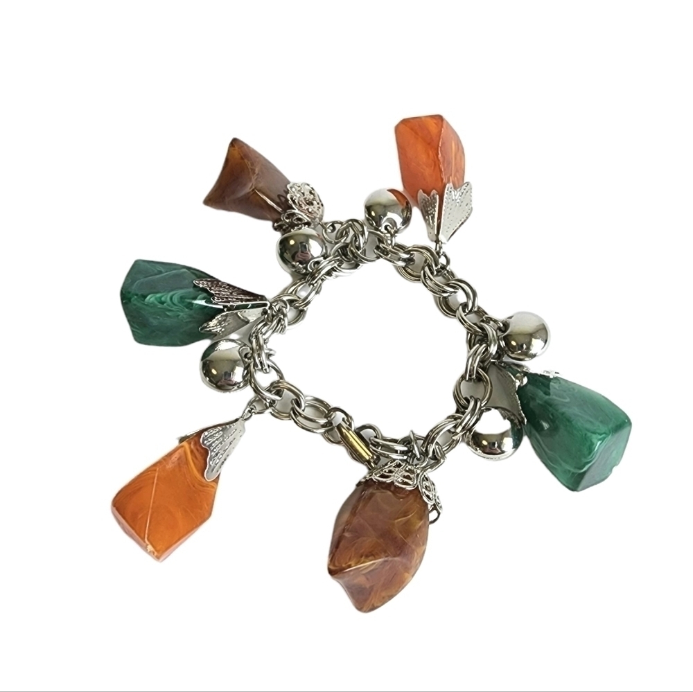 Vintage Charm Bracelet 60s Chunky Lucite Resin Beads Silver Green Orange Brown‎
